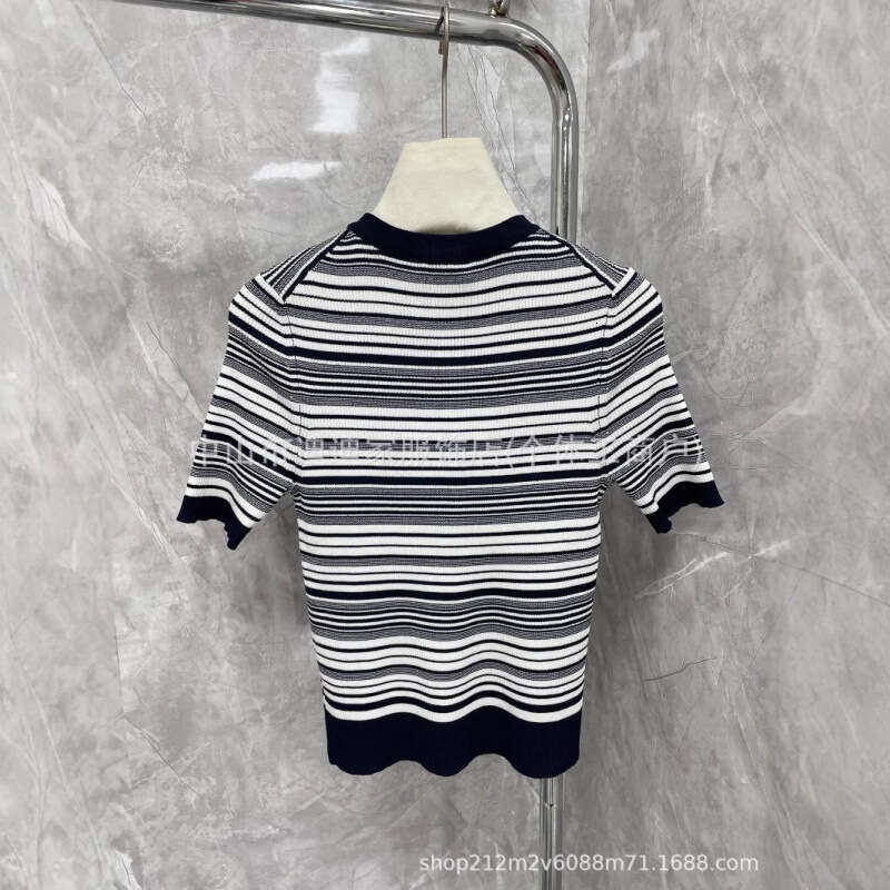 Striped Ice Silk Knitted Shirt Shoulder Short Sleeve T-shirt for Women 2024 Summer Guangzhou Loose and Slim Round Neck Top