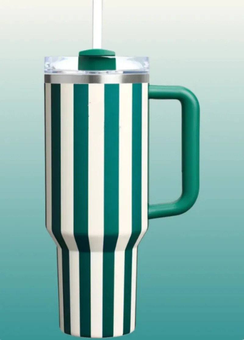 40oz Tumblers The Oasis Collection H2.0 40OZ Mugs Cornflower Cabana Gloss Green Stripes Tumblers Insulated Car Cups Stainless Steel Coffee Termos Drin