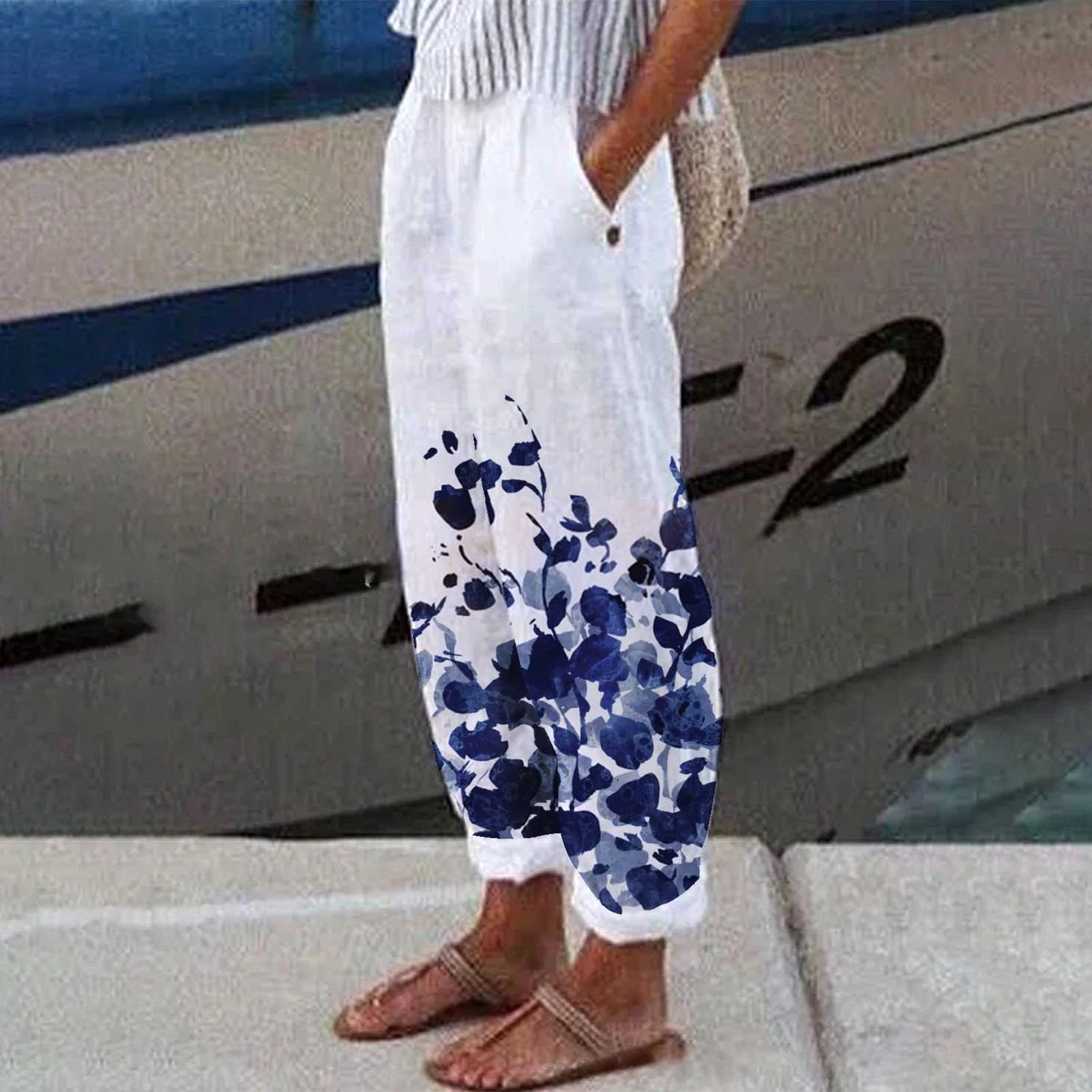 White cotton linen womens pants 2023 fashion loose womens pants casual elastic waist wide pantsXJ250403