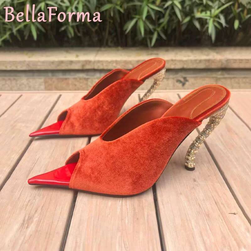 Pointed Toe Mule Slipper Women's High Heels Veet Metal Special-Shaped Creative Niche Classic Color Matching Banquet Formal New