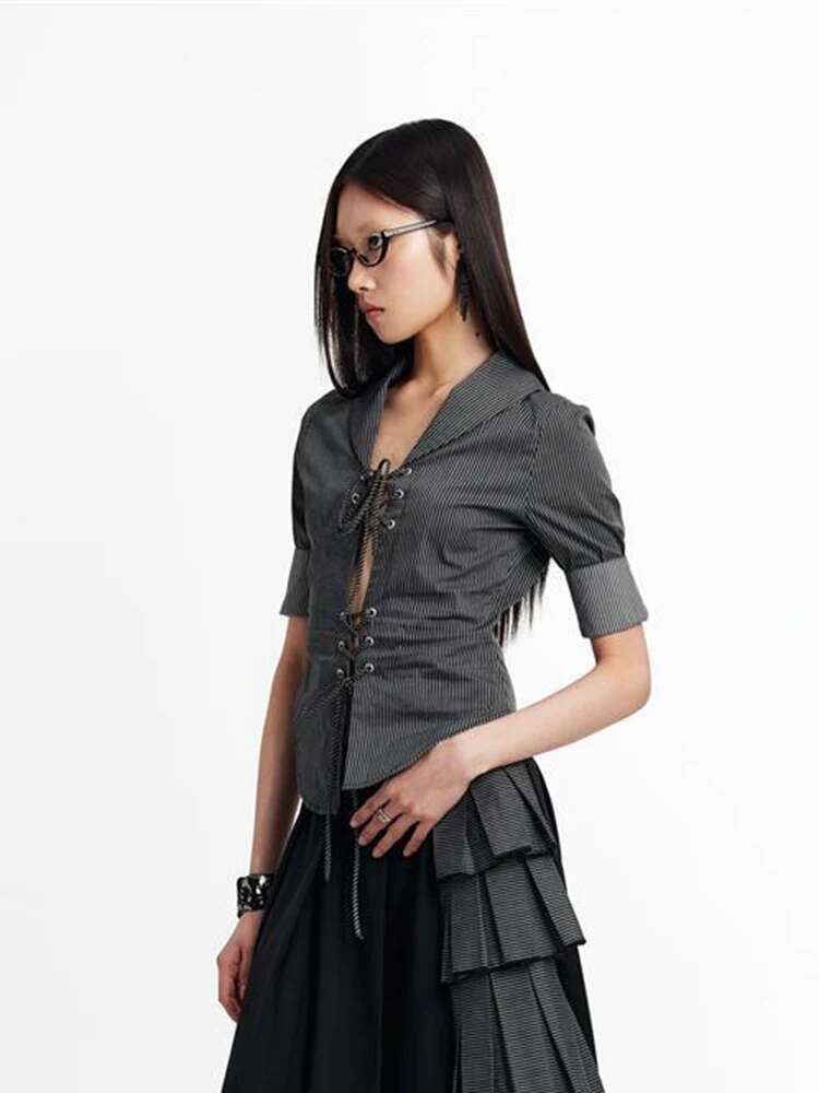 Zoki Y2K Slim Striped Shirt Women Sexy Hollow Out Lace Up Blouse Vintage Casual American Half Sleeve Design Haruku Retro Tops