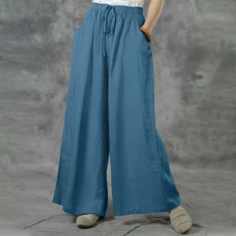Summer loose fit casual wide leg pants solid color cotton linen elastic waist pants for women street Drstring TrousersXJ250403