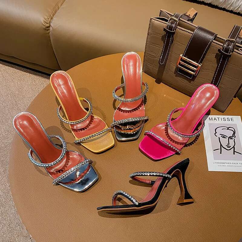 Big Size Glitter Slides High-Heeled Shoes Lady Square Toe Ladies' Slippers Jelly Thin PU Crystal Fretwork Rubber Scandals