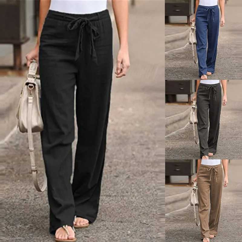 Womens cotton linen loose pants summer high elasticity waist Drstring wide leg Trouser JYFS-HS1435XJ250403