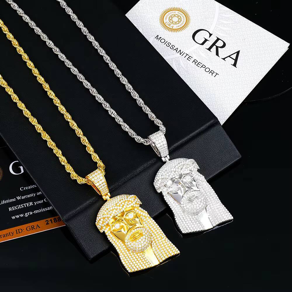 Mens Iced Out 925 Sterling Silver Vvs Diamond Mossanite Moissanite Hip Hop Jesus Head Piece Pendant 925 With Rope Chain Necklace