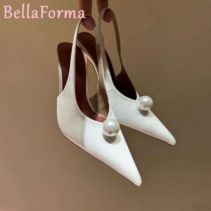 Women's Pearl Silk Pointed Wedding Shoes Elegant Mature Sexy Simple Banquet Party Mule Color Matching High Heel Sgback Sandal