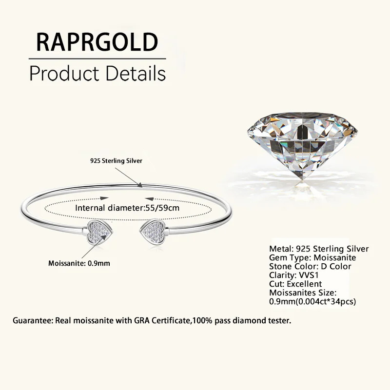 RAPRGOLD GRA Certified Love Heart Bracelet Cuff for Women 925 Sterling Silver Bracelets Wedding Jewelry Gifts Bangle 250408