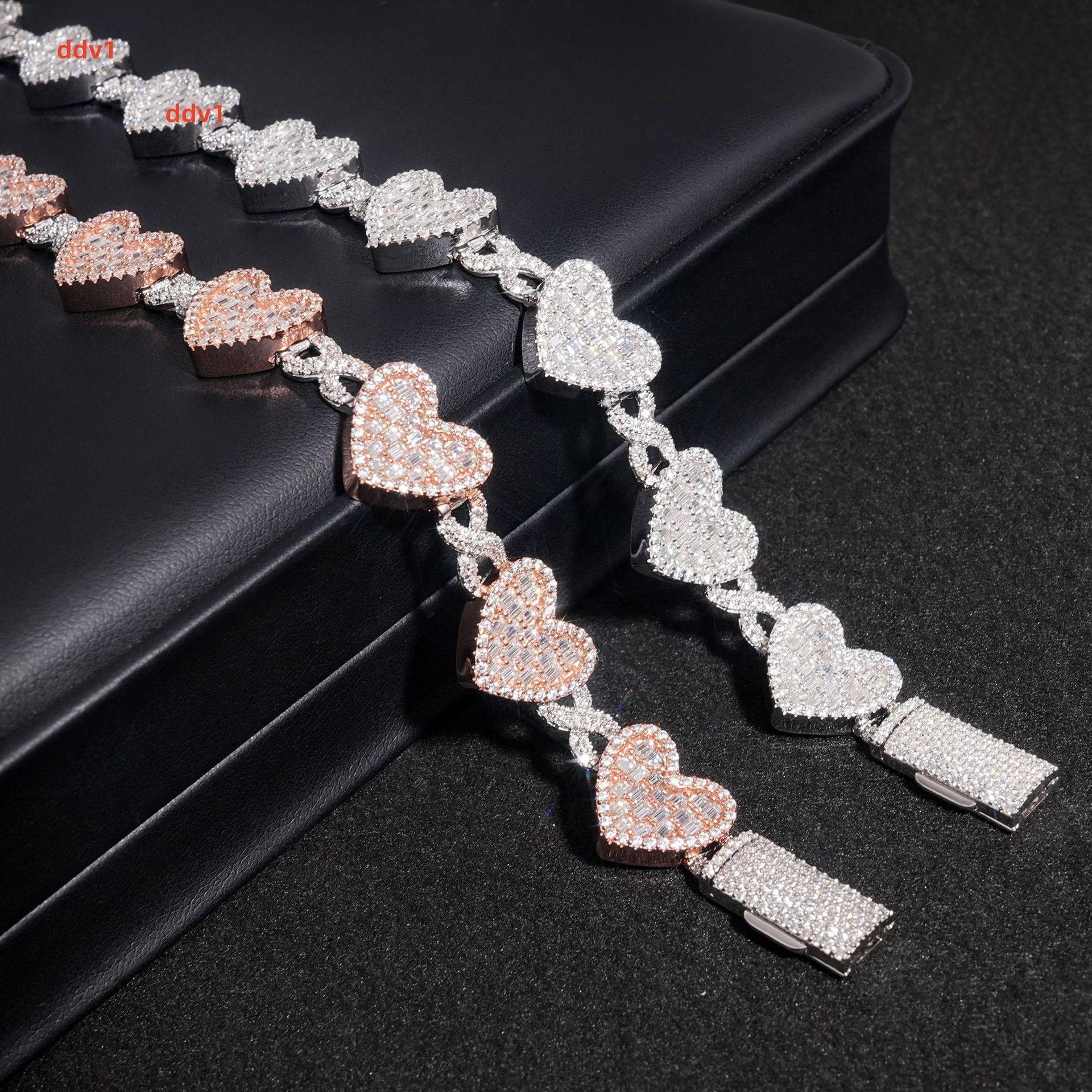 Sterling Silver Iced Out Moissanite Bracelet Baguette Heart Cuban Bangles Elegant Necklaces Chain with Heart