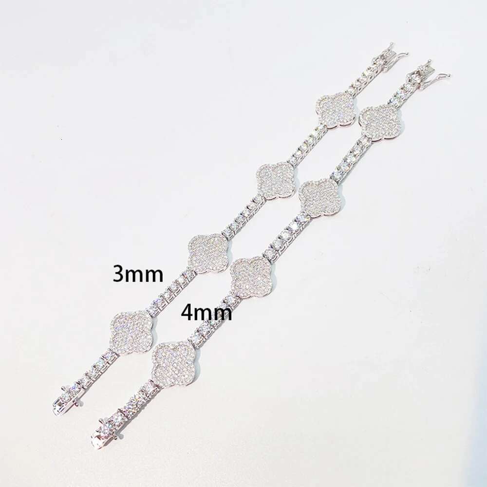 3-4mm Clover Moissanite Tennis Chain S925 Silver Bracelets For Women Iced Out Hand Chain Pass Diamonds Tester With GRA Hip Hop