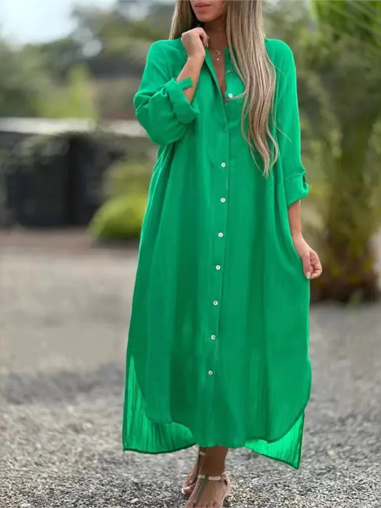 Autumn womens dress cotton linen shirt long leather fashionable single chest casual sleeved cardigan 250409