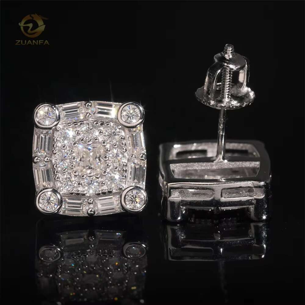 Fashion New Design Square Shape Iced Out Hip Hop 925 Silver Diamond Moissanite Earrings