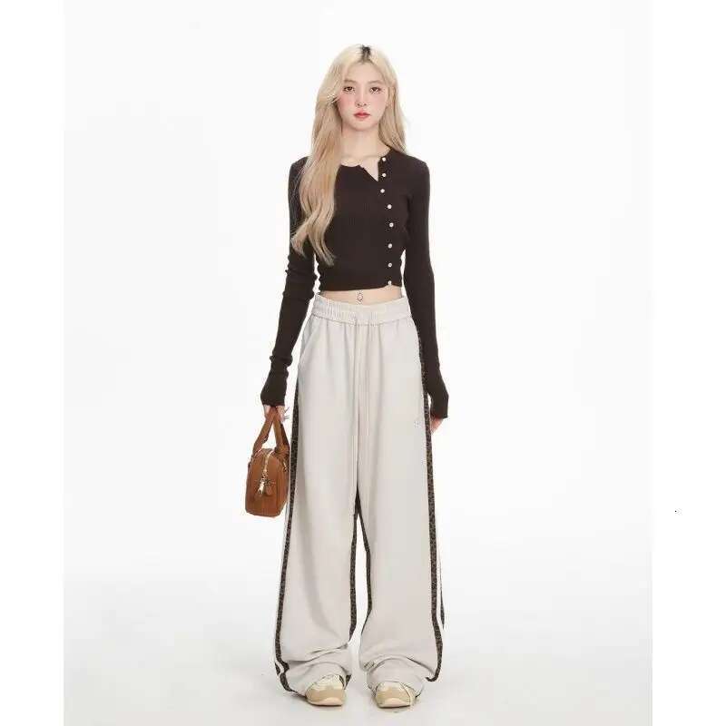 Leopard Print Patchwork Thick Sweatpants For Women, American Retro Hip-Hop Loose Fit Brand Striped Sports Casual Pants