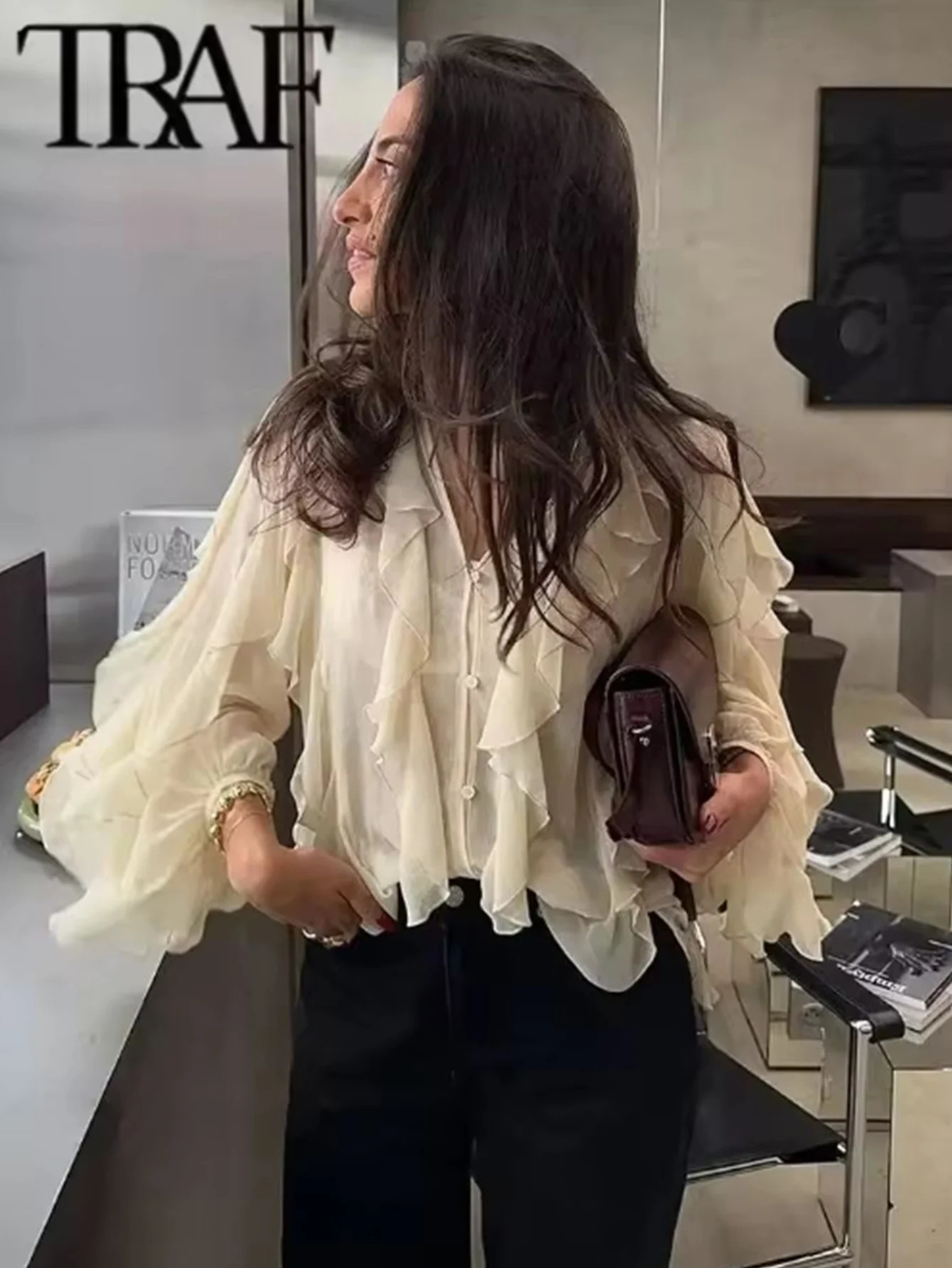 Womens Communicating Office Shirt Top Fashion Burgundy Layered Ruffle Spring Elegant Full Sleeve 250409