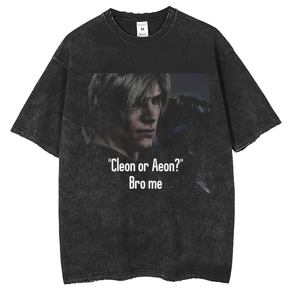 Leon S Kennedy portrait printed short sleeved shirt 2024 Harajuku summer retro wash 250G cotton mens loose round NXJ250409