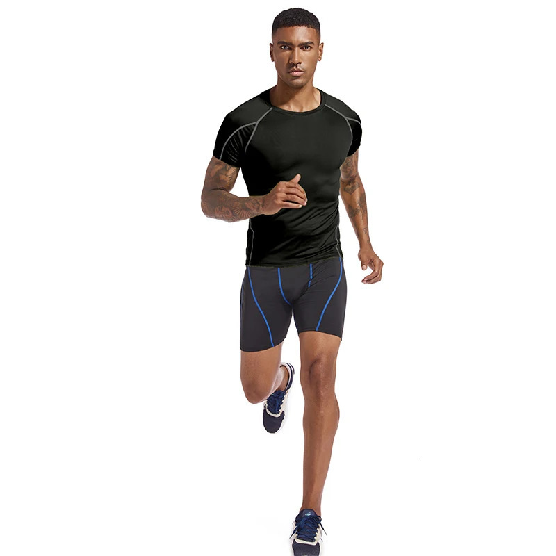 Mens running Tshirt summer sportswear tight fitting gym fitness top Tee elastic sports compression shirt 250409