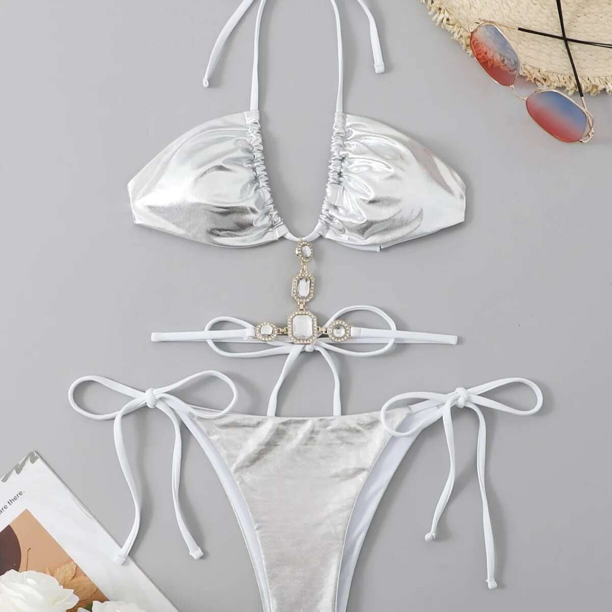 Women's New Stylish Bikini Sexy PU Dia Decorative Split Swimsuit