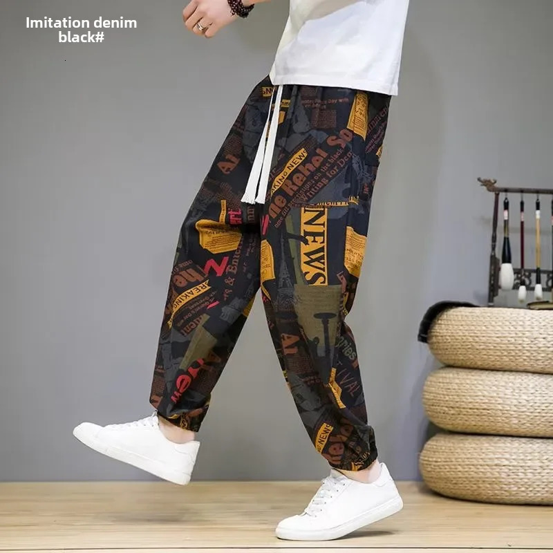 Mens Bloomers Casual Harajuku Style Loose Fit Hemp Vintage Printing Pants Cropped For Spring Autumn 250408