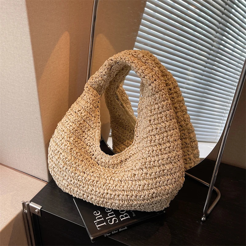 Fashion Casual Straw Woven Half Moon Shoulder Bags Large Capacity Summer Essential Trendy Handbags for Women 250408