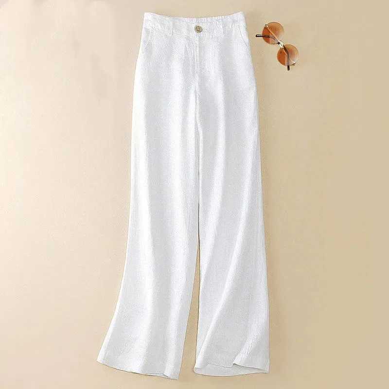 Linen wide leg pants for new summer thin casual solid pants for women elastic high waisted loose cotton and linen straight pantsXJ250403