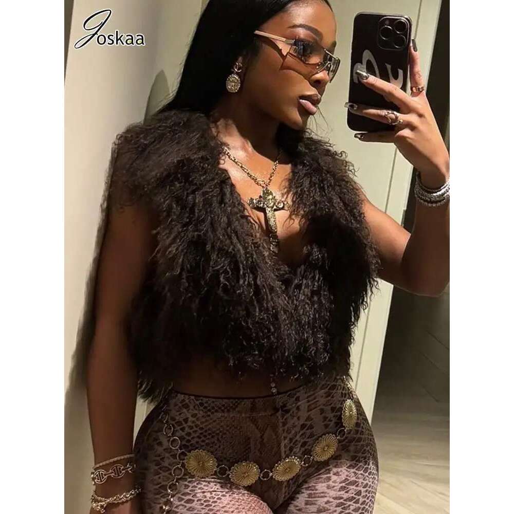 Joskaa Sexy Faux Fur Waistcoat Women Furry Backless Bandage Halter Crop Vests Coat 2025 Fashion Warm Outerwear Y2k Streetwear