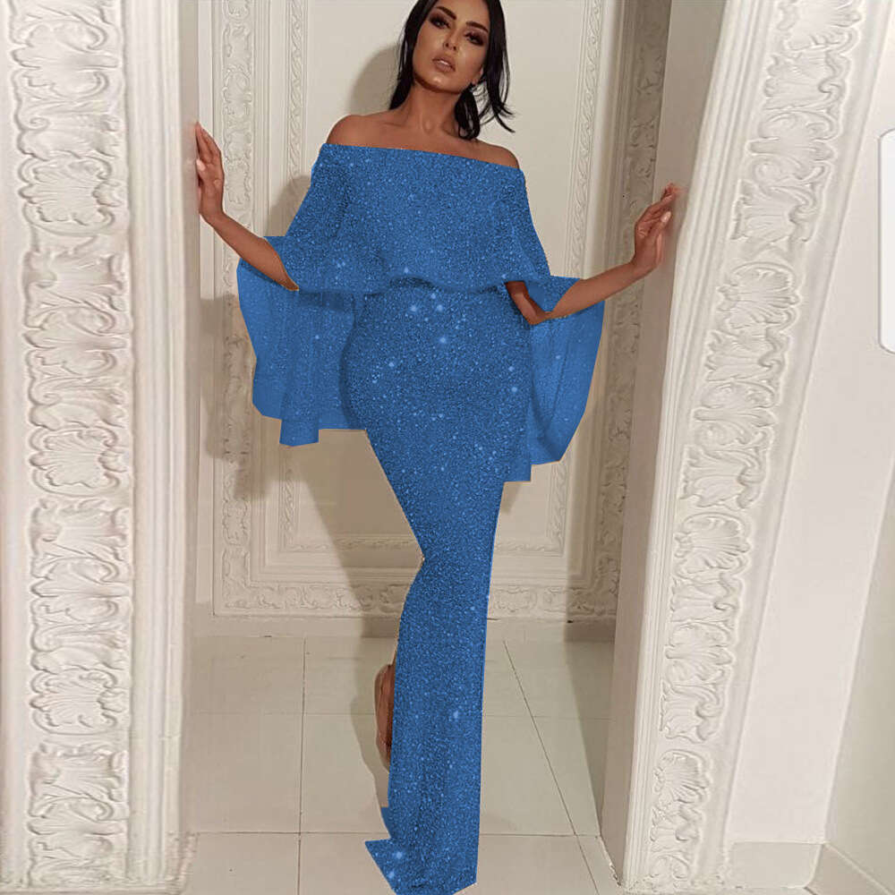 2025 Summer New Ruffled Off-Shoulder One-Piece Dress with Sequins and Slit for Evening Wear
