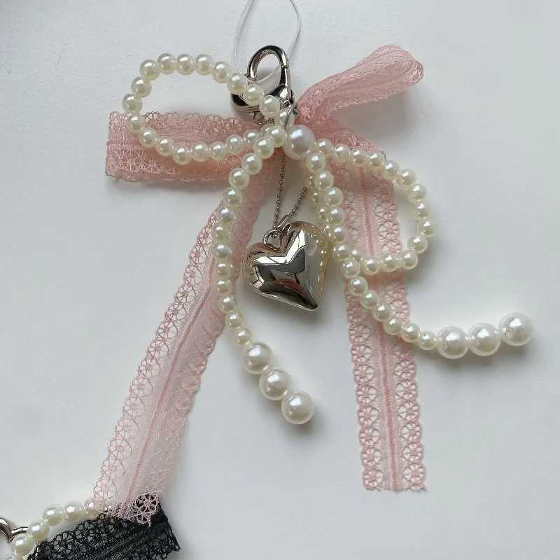 Cute simulation pearl lace bow bead keychain phone charm Str pendant phone accessories bag hanging ropeXJ250409