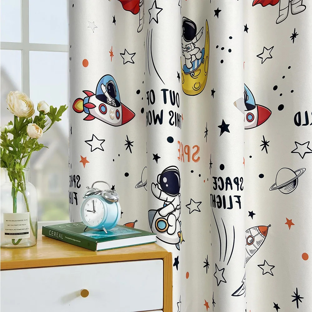 Cartoon Space Astronaut Printing Curtains Room Darkness Power Outage Curtains Childrens Bedroom Ring Top Window Treatment 250409