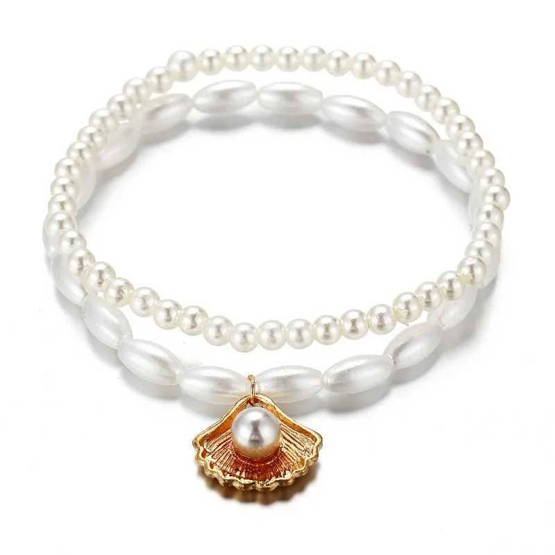 2pcs Set Creative Fashion Pearl Beaded Shell Anklet for Women Charm Retro Scallop Summer Beach Foot Accessories Jewelry Gift Z250408
