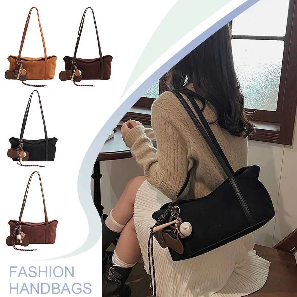 Women Suede Shoulder With Inner Pocket Flap Underarm Bag Large Capacity Retro Handbag Solid Clutch Purse For Work Travel