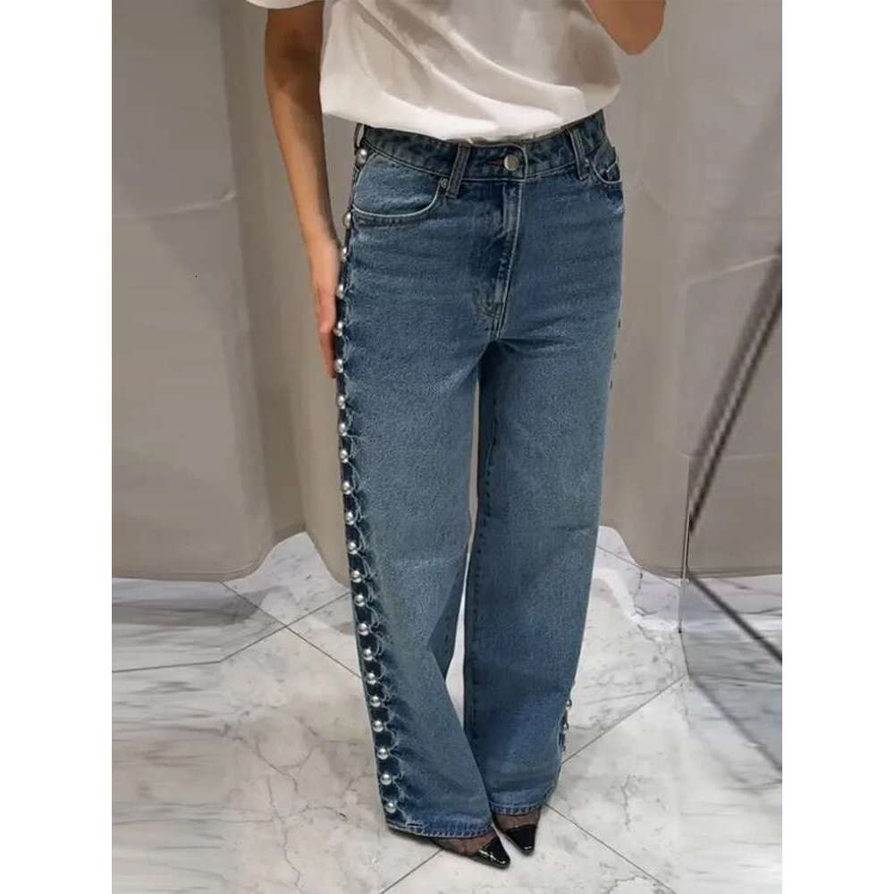 Women's Wear Designer Metal Rivets Women Denim Straight Baggy Waist Jeans Trousers Vintage Distressed Dragging High Street Pants