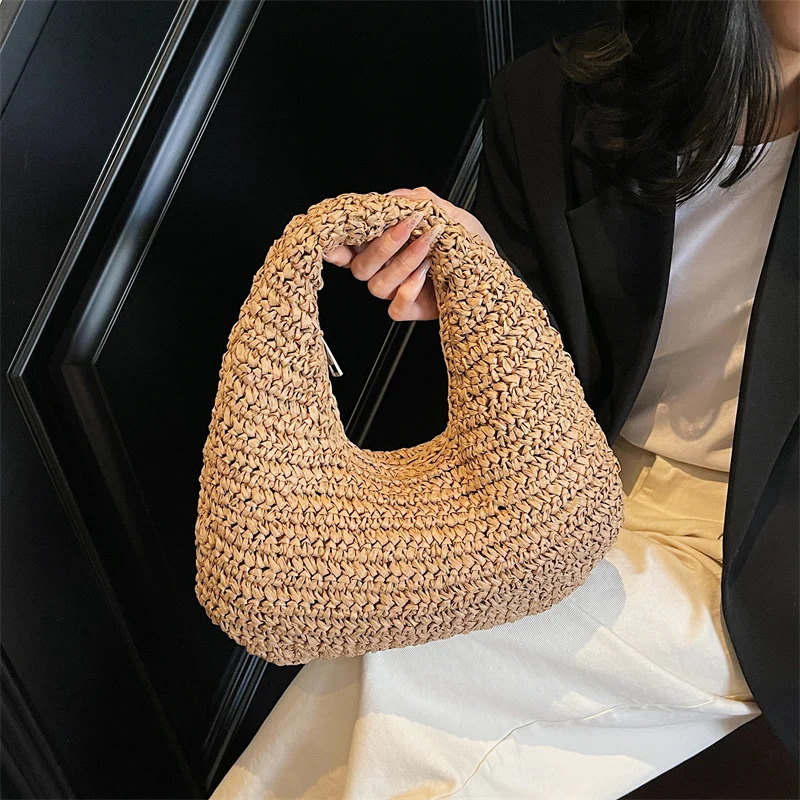 Fashion Casual Straw Woven Half Moon Shoulder Bags Large Capacity Summer Essential Trendy Handbags for Women 250408