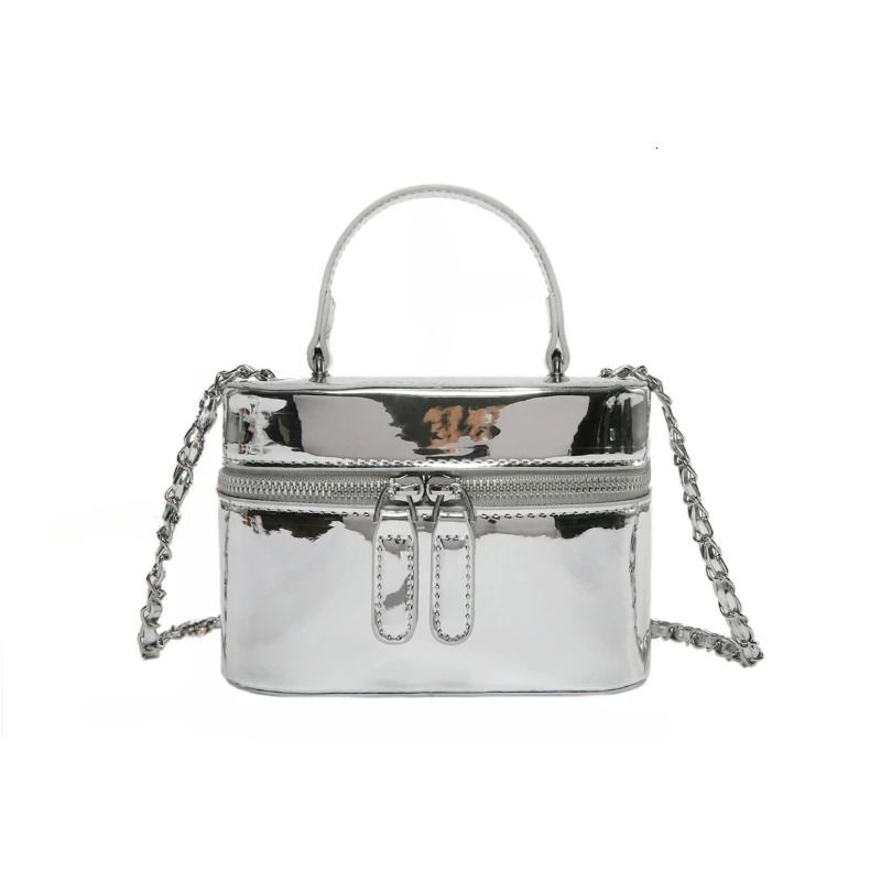 Glossy PU Chains Small Bucket Shoulder Bags Solid Zipper Compact Versatile Crossbody Bags for Women Fashion Style 250408