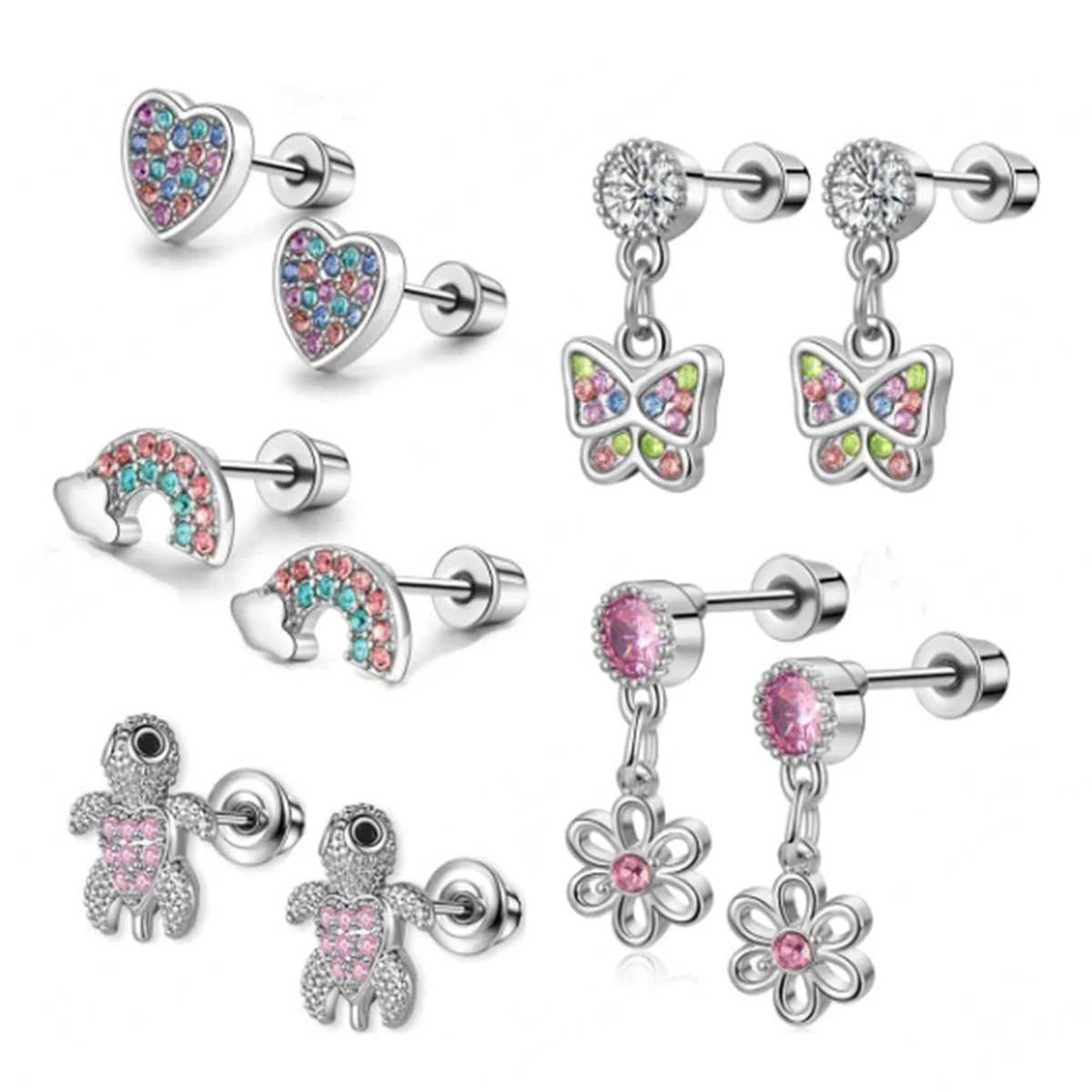 2/12pcs Stainless Steel Hypoallergenic Cute Cubic Zirconia Screw back Stud EarringCartilage Tragus Helix Conch Piercing Jewelry Z250408