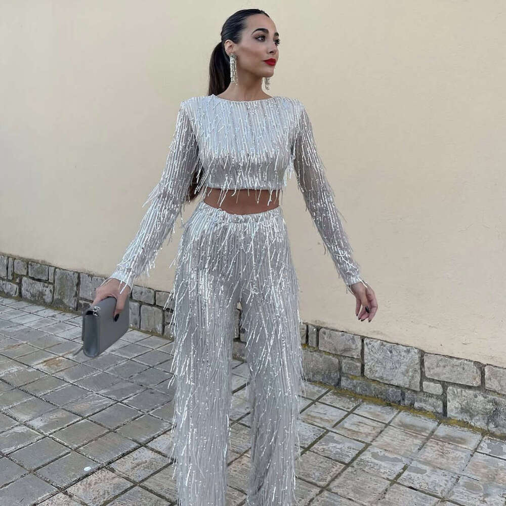 Fashion Women's Sequin Tassel Two - Piece Party Pants Set