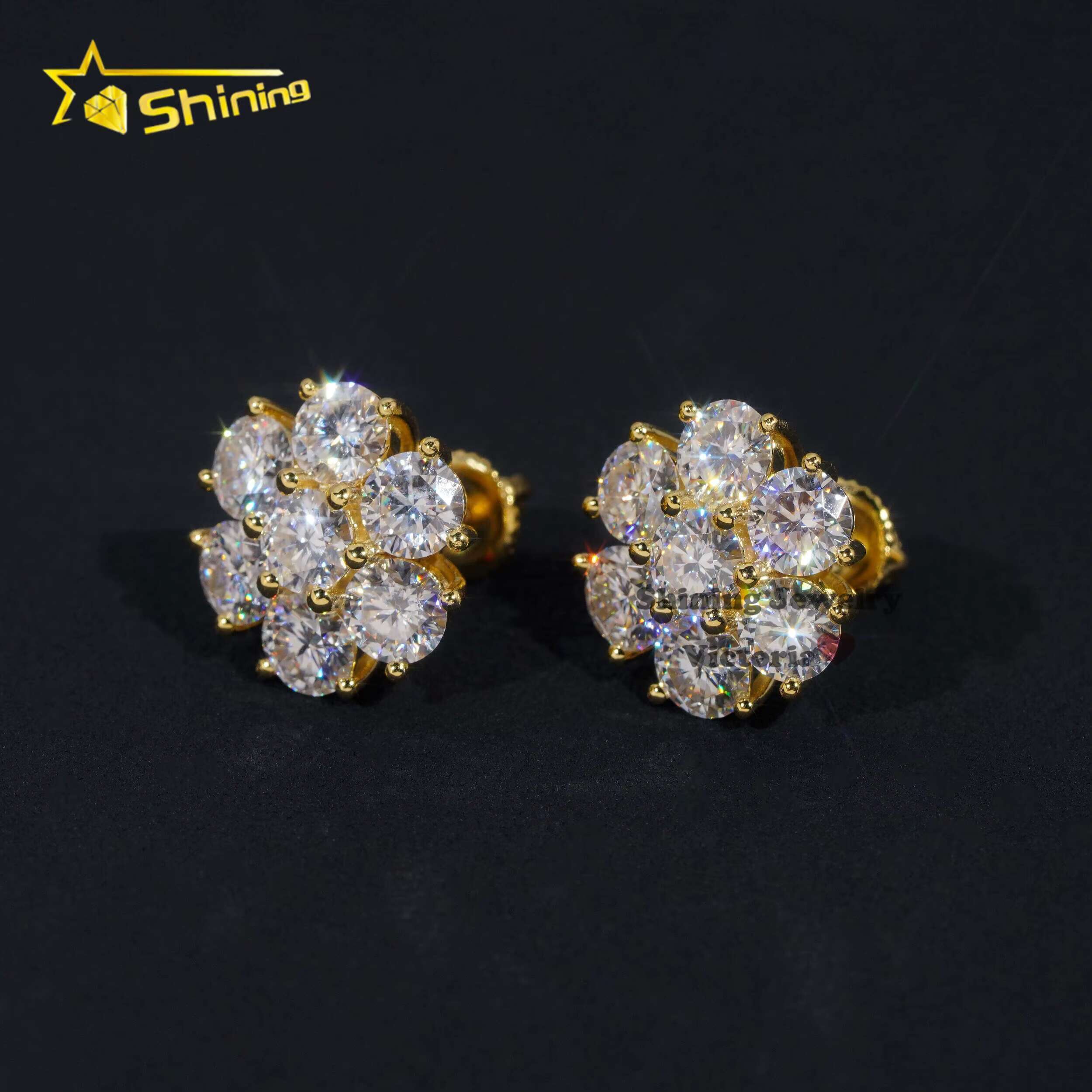 Wholesale Price Hip Hop Jewelry 15MM Flower Earrings VVS Moissanite Diamond 925 Sterling Silver Gold Plated Men Stud Earrings