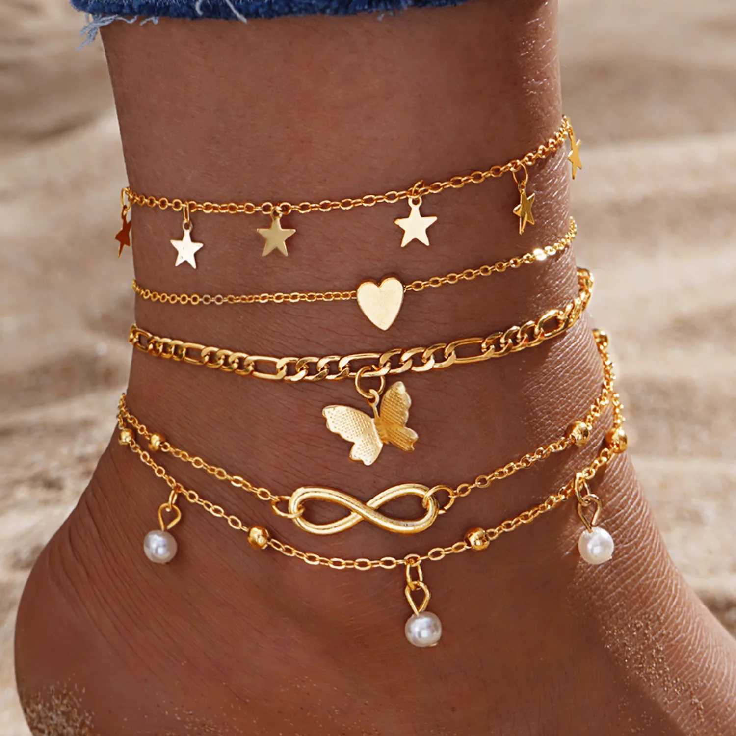 Gold Color Vintage Butterfly Anklet Set For Women Multilayers Adjustable Love Anklet Bracelet On Leg Foot Beach Jewelry Z250408