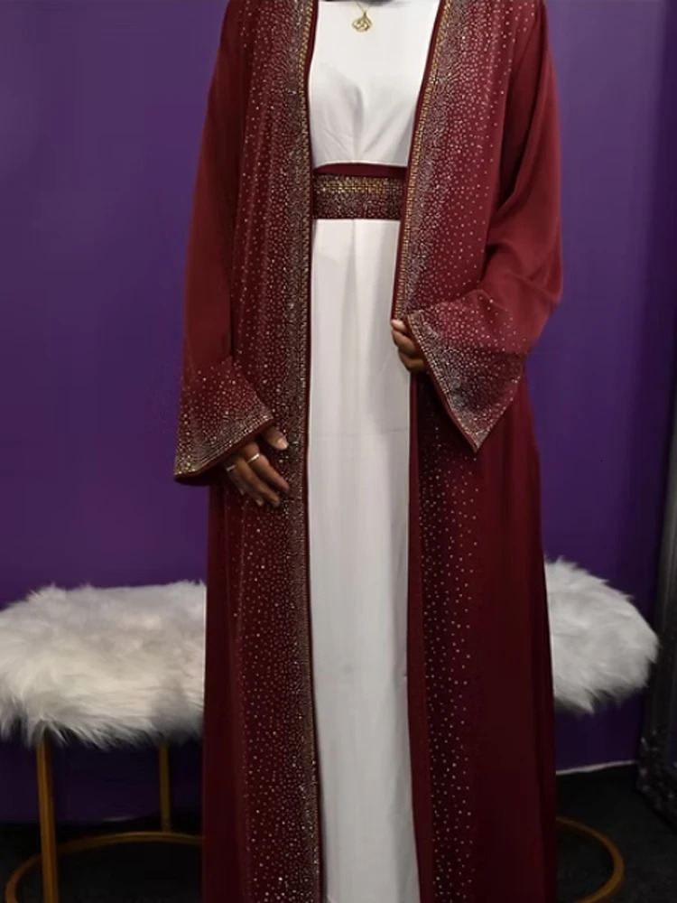 selling Ramadan Rhinestone Open Fleece Islamic Dress with Pocket Ka Muslim Kimono Abaya Dubai Humble Clothing Womens EID 250409