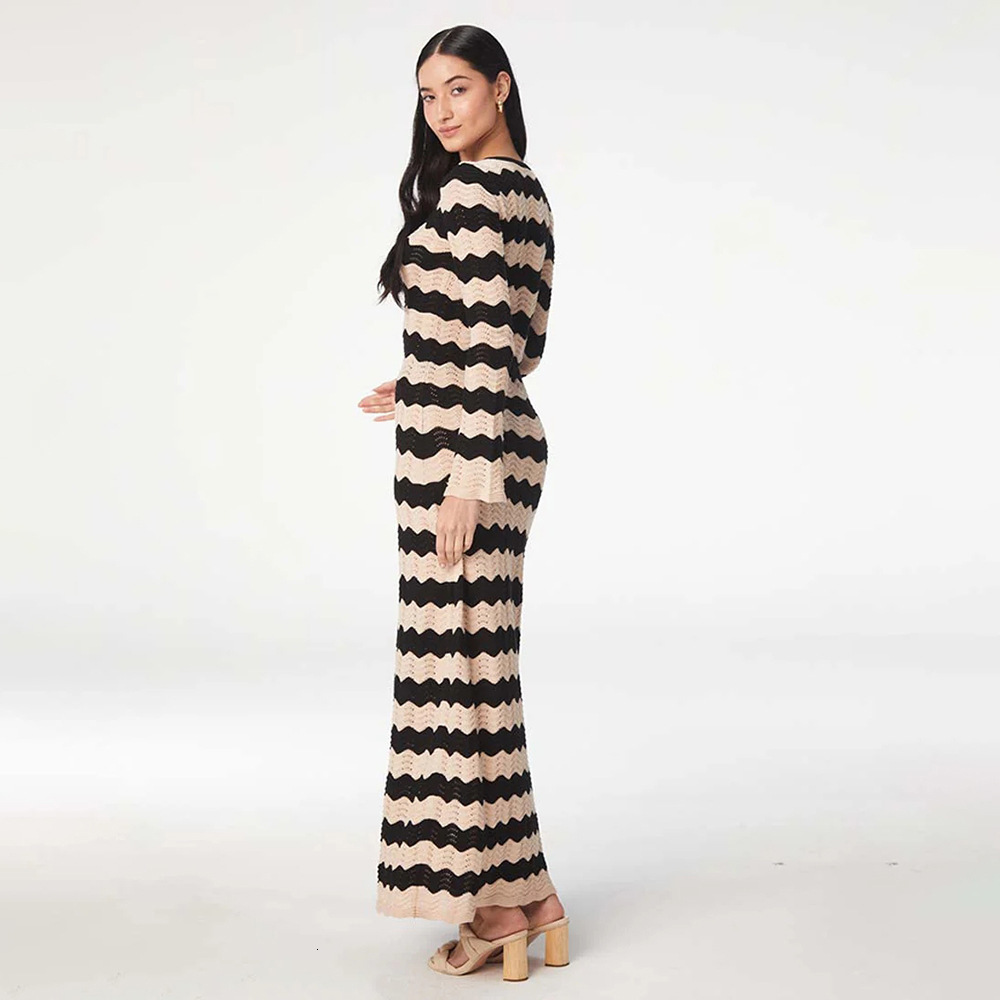 2025 New Beach Skirt Womens Striped Knitted Sexy Hollow Beach Swimsuit Hoodie Dress