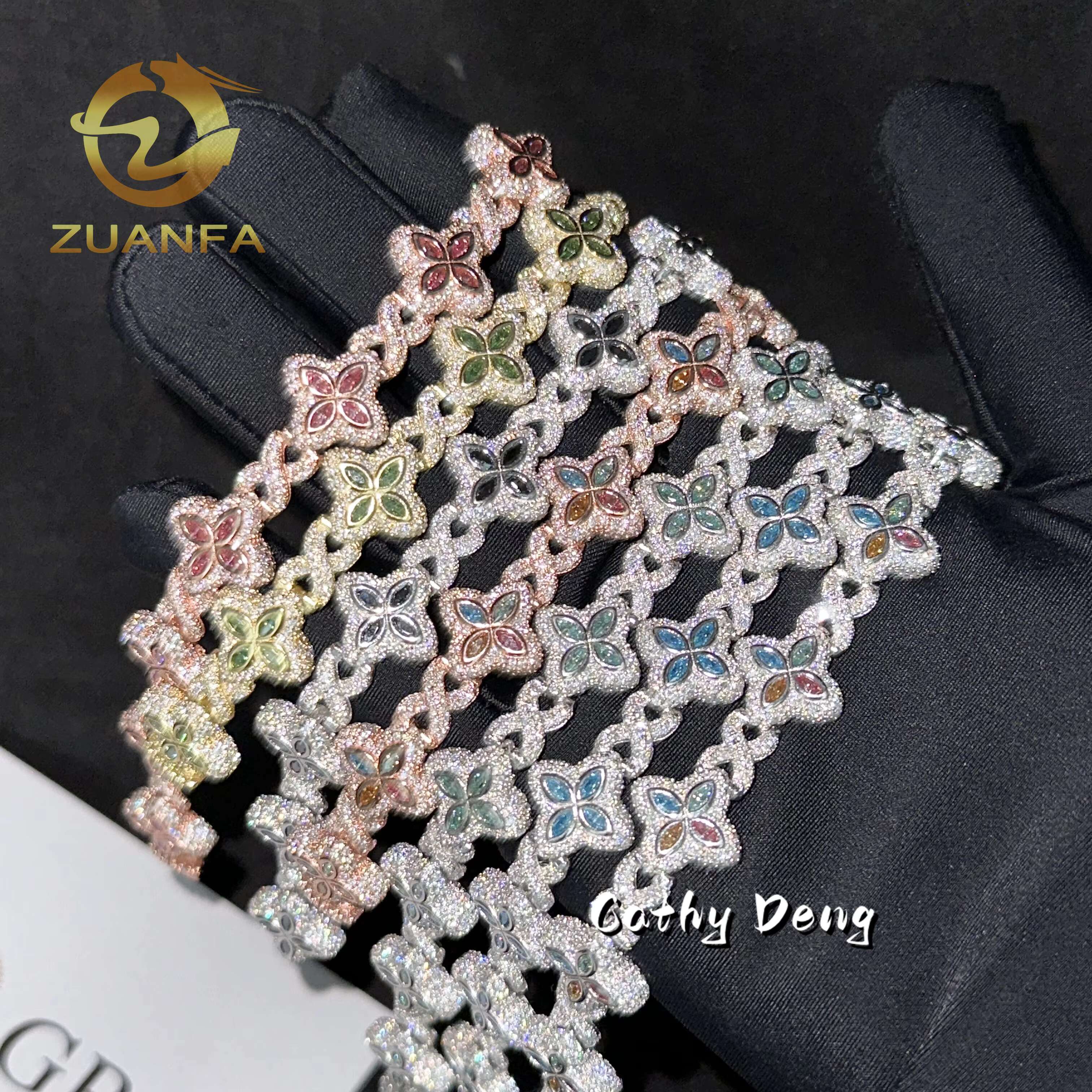 New 15mm Marquise Flower Design Hip Hop Jewelry Iced Out Unisex Moissanite Cuban Link Chain 925 Silver Moissanite Bracelet