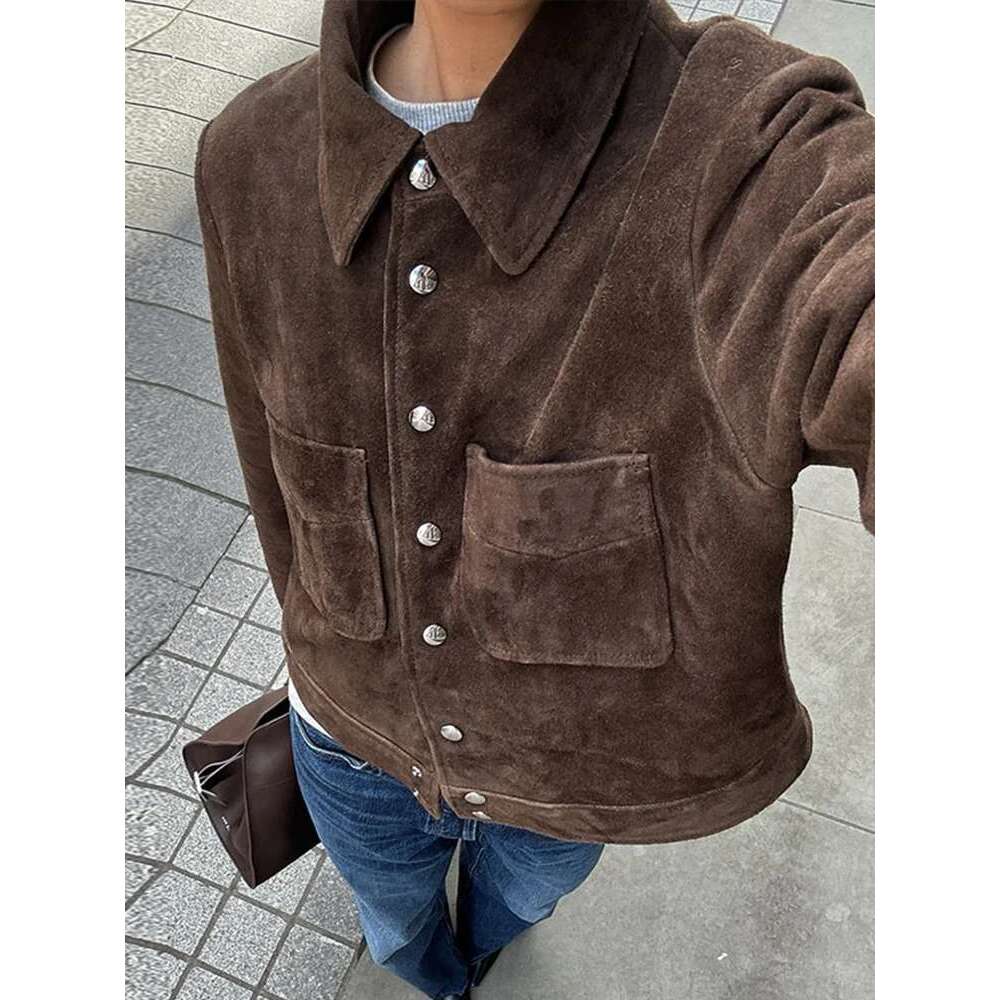 Designer clothing Vintage Brown Suede Women's Jackets Turn Down Collar Long Sleeve Single Breasted Female Pockets Coats 2025 Spring Ladies Outwea