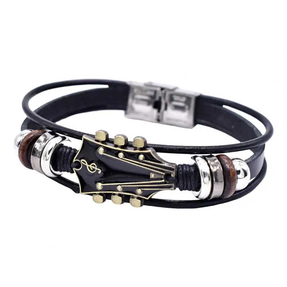 Braided Guitar Bracelet Zinc Alloy Adjustable Buckle Manual Woven Faux Leather 3-layered Retro Punk Wrist JewelryC250408