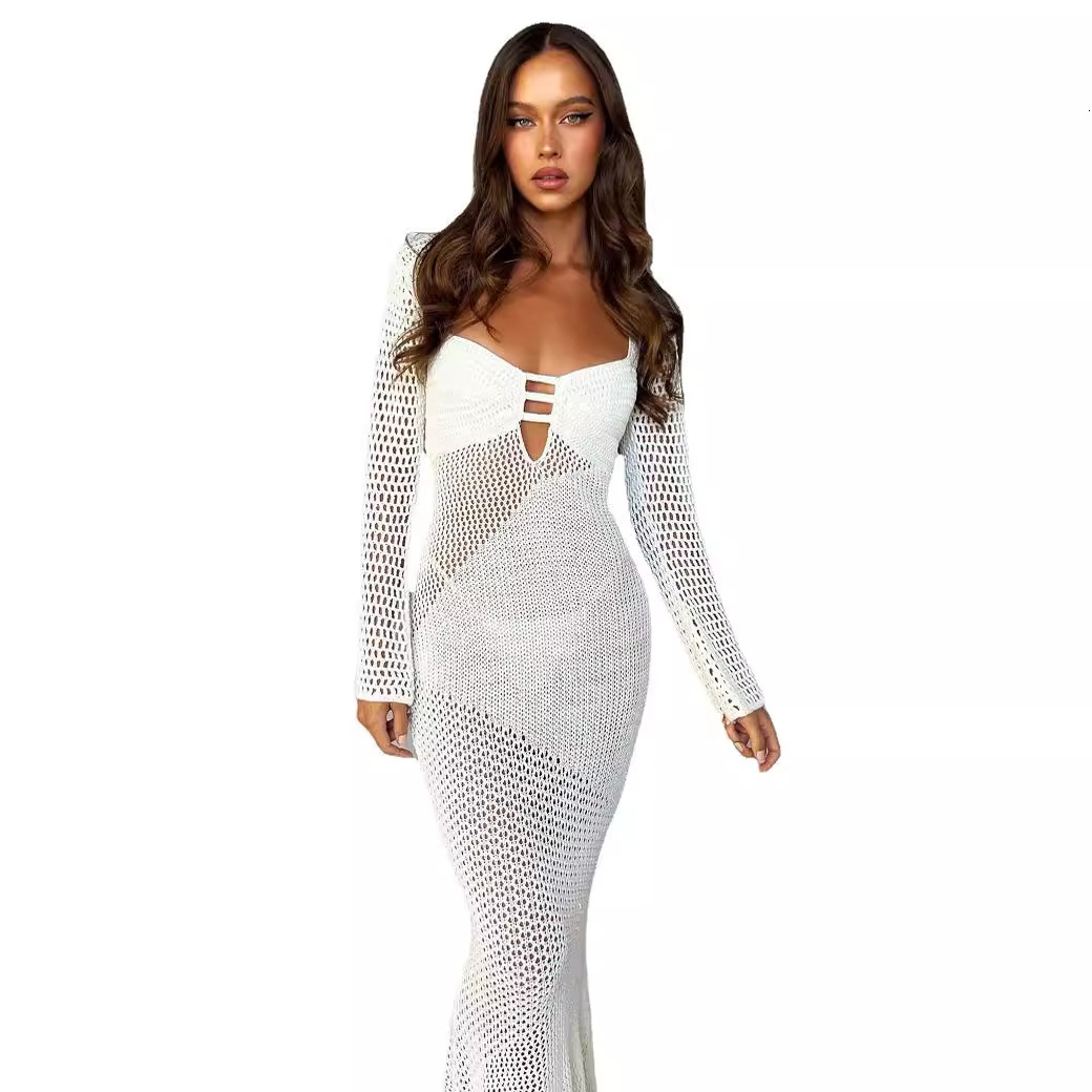 Womens 2025 Spring New Hollow out Long sleeved Knitted Low cut Sexy Open Back Dress