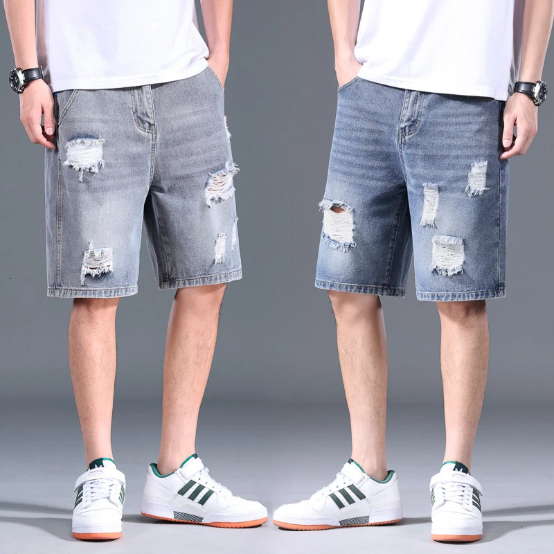 Vintage Ripped Denim Shorts Mens Fashion Loose Summer Shorts Y2k Hip-Hop Knee-length Hole Short Jeans Casual Mens Clothing 250407