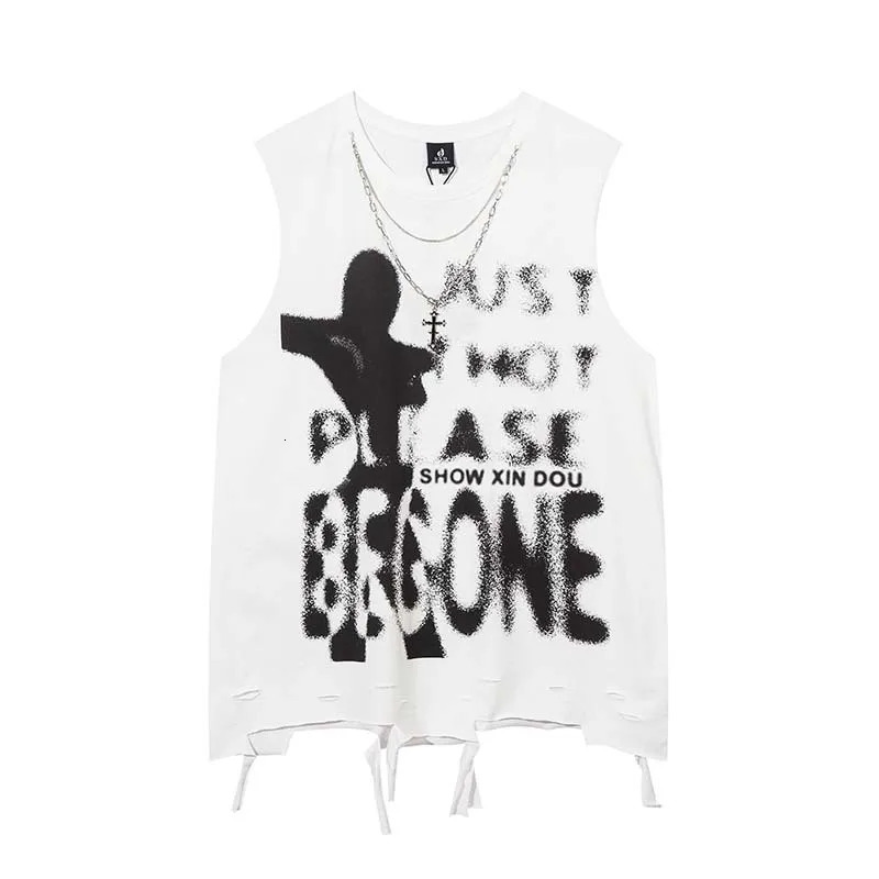 High Street American Vintage Washed Hole Ripped Tank Top with Large Letter Printing Distressed Tank Top for Mens Casual Clothing Y2k 250408