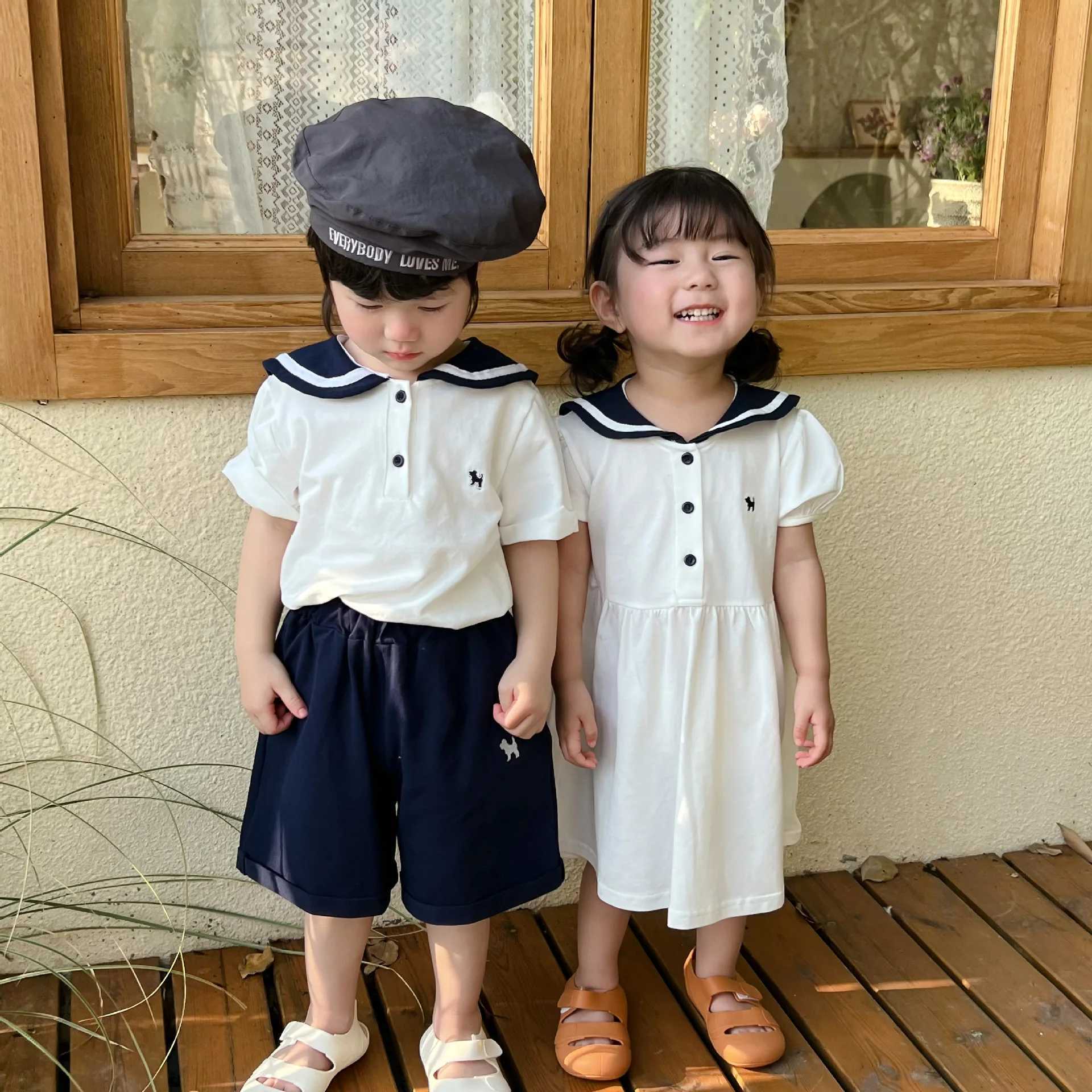 5683C Brothers and sisters Clothing 2023 Summer New Navy Style Boys Set Short Sleeve T-shirt+Short Sleeve Girls Casual Dress S2548