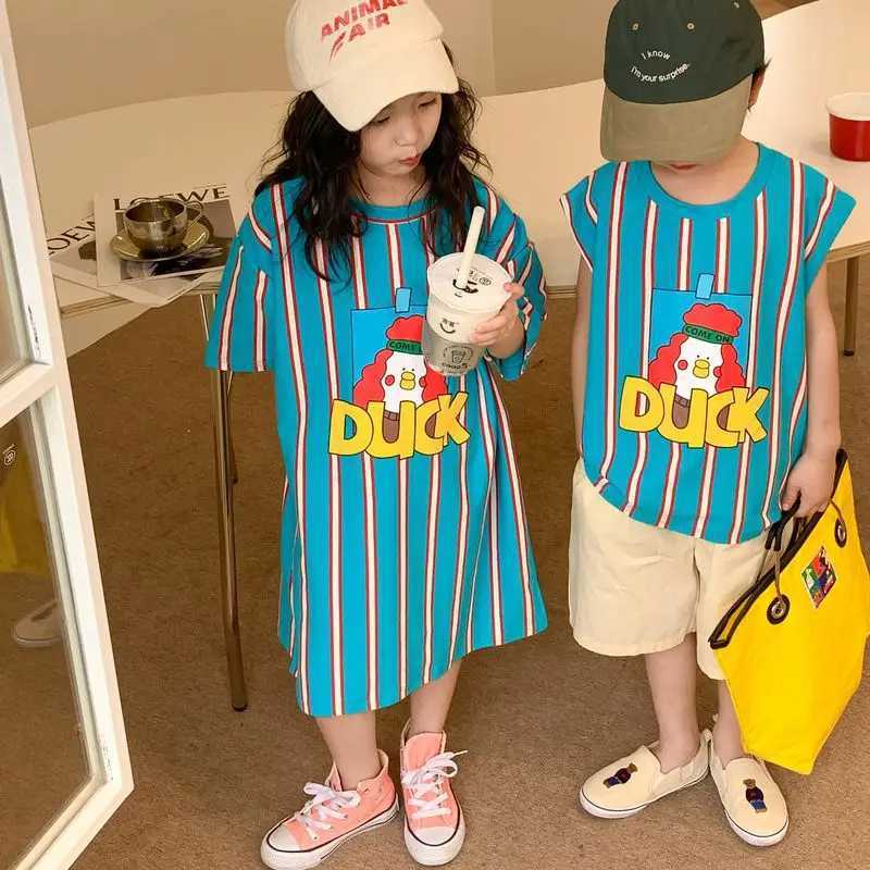 Brother sisters look children 2023 summer boys and girls Korean cartoon printed T-shirt casual vest family matching set S2548