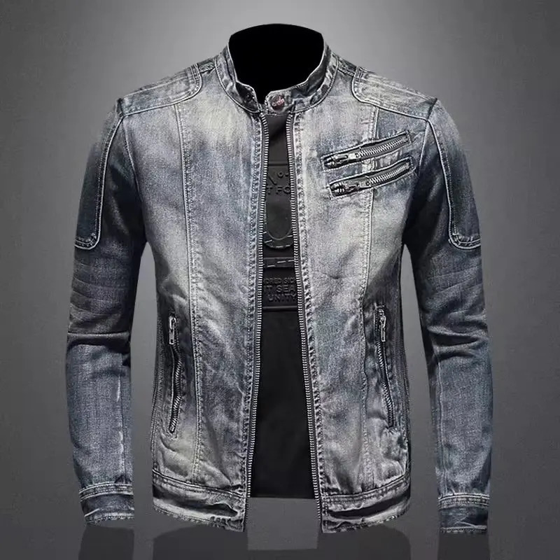 Mens denim jacket zipper ultrathin casual solid collar full set of regular winter 250409
