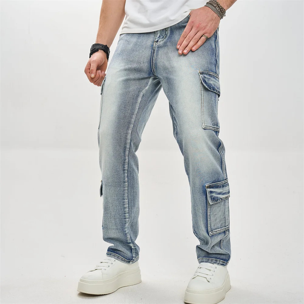 Fashionable multi pocket mens loose cargo jeans Trouser motorcycle mens solid carpenter casual straight jeans 250408