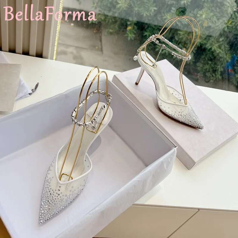 Women's Mesh Chain Shoes Sexy Mature Classic Banquet Wedding Dress Sgback Pointed V-Shaped Crystal High Heels Sandals