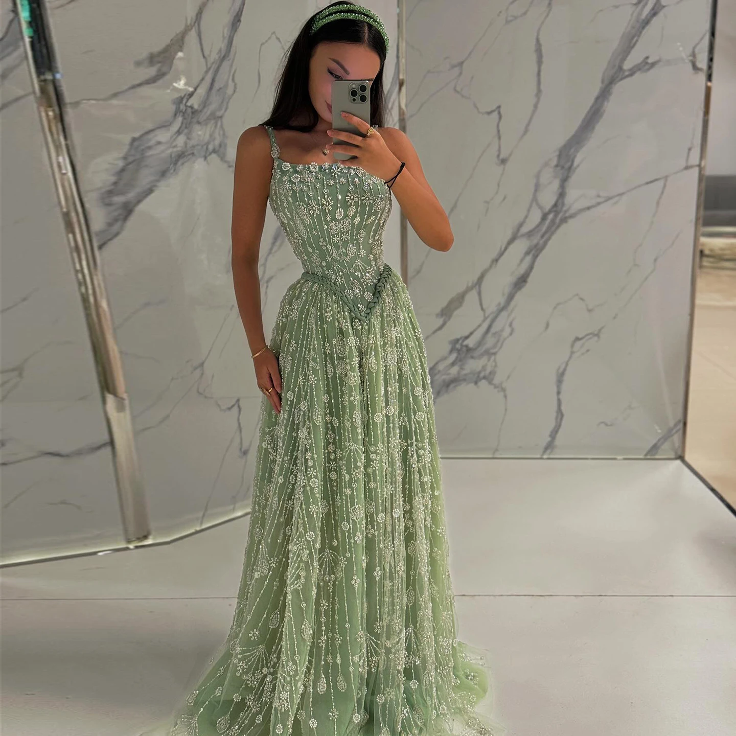Elegant Sage Green Luxury Arabic Evening Prom Dress for Women Party Spaghetti Straps 2025 New Customized Vestido De Noite